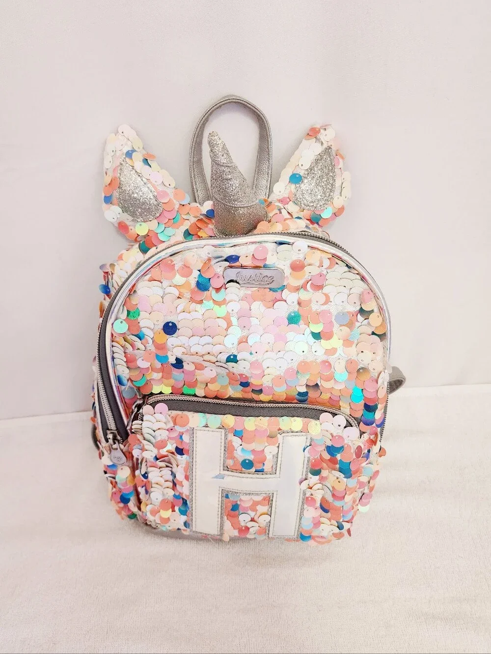 Justice Unicorn Sequin Backpack Personalized H Initial Girls Glitter Rainbow